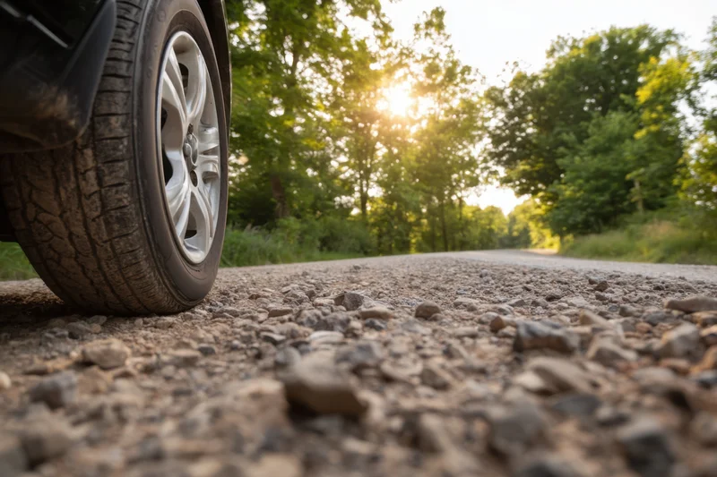 Close-up of a black car's wheel on a gravel road surrounded by trees with sunlight filtering through the foliage