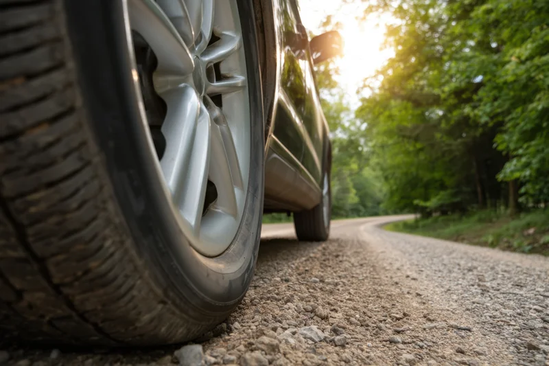 Closeup of a black car's wheel on a gravel road winding through a sunlit forest