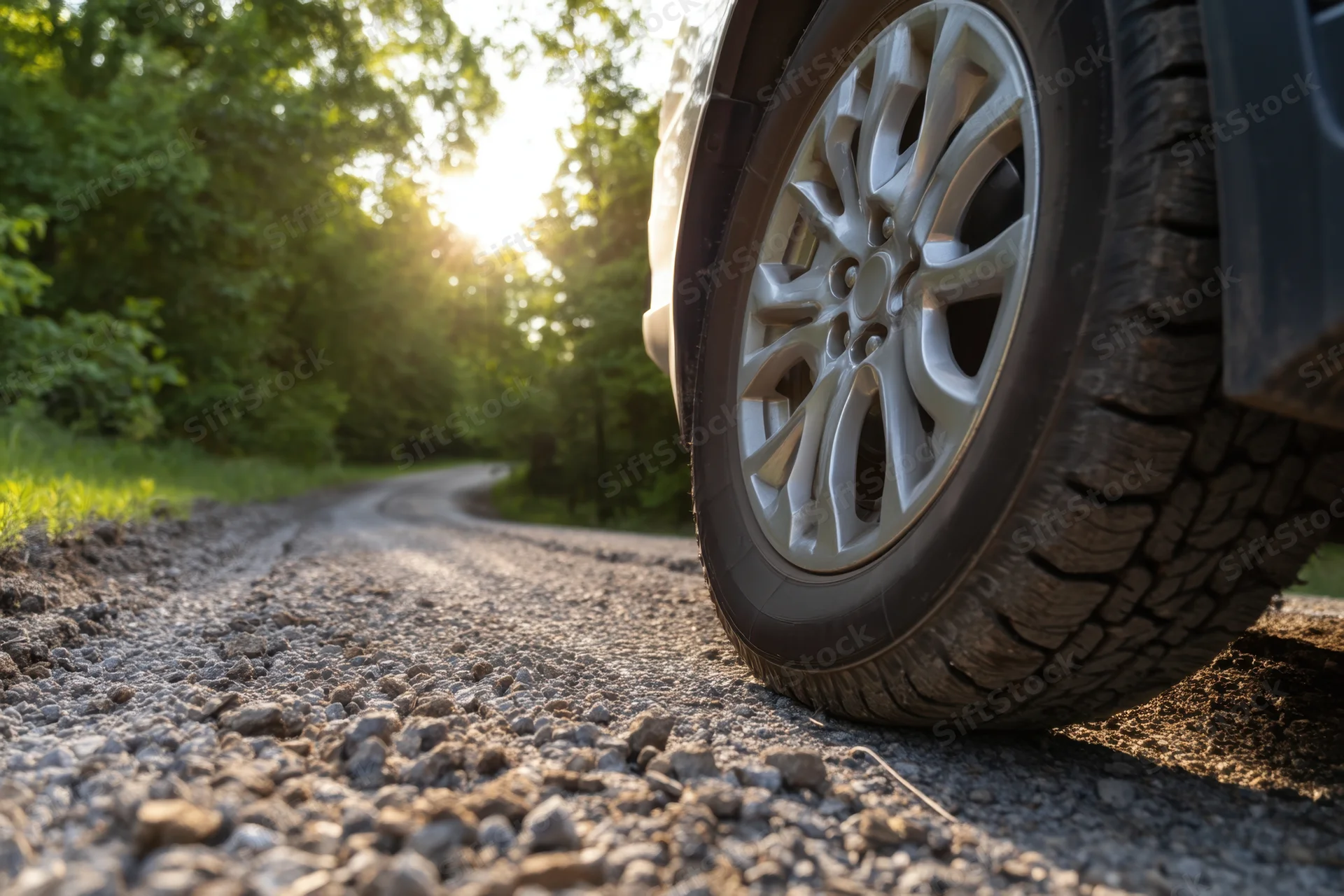Closeup of a car wheel on a gravel road surrounded by trees at dusk