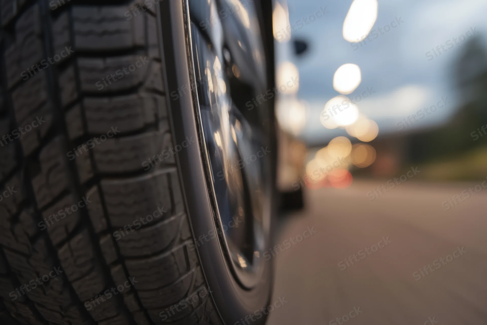 Close-up of a car tire in motion on a road at dusk with blurred street lights in the background