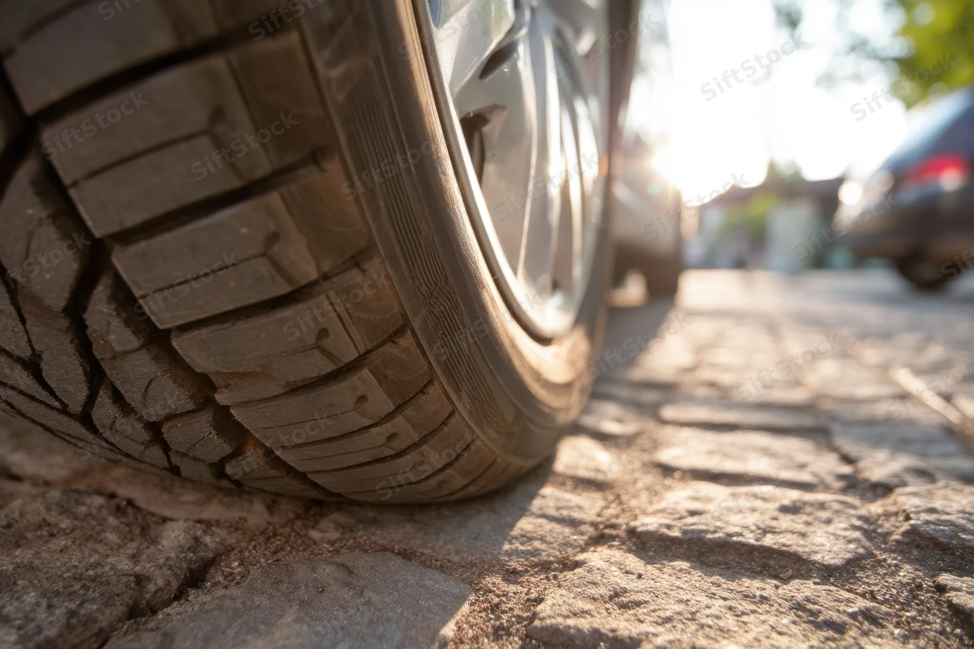 Close-up of a worn car tire on cobblestone pavement in sunlight