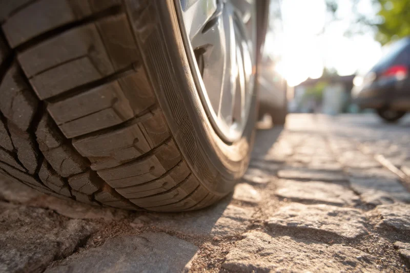 Close-up of a worn car tire on cobblestone pavement in sunlight