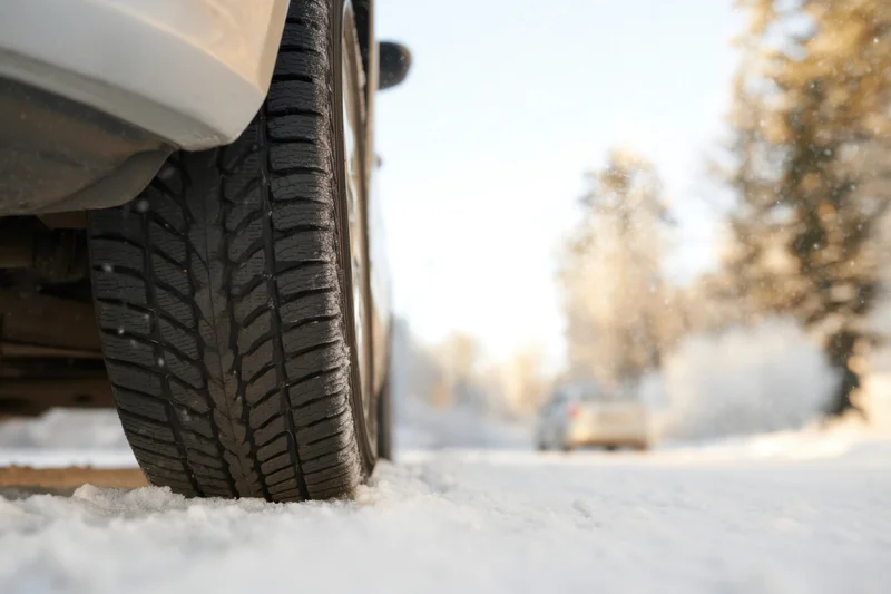 Close-up of a car tire on a snowy road with snow falling and trees in the background