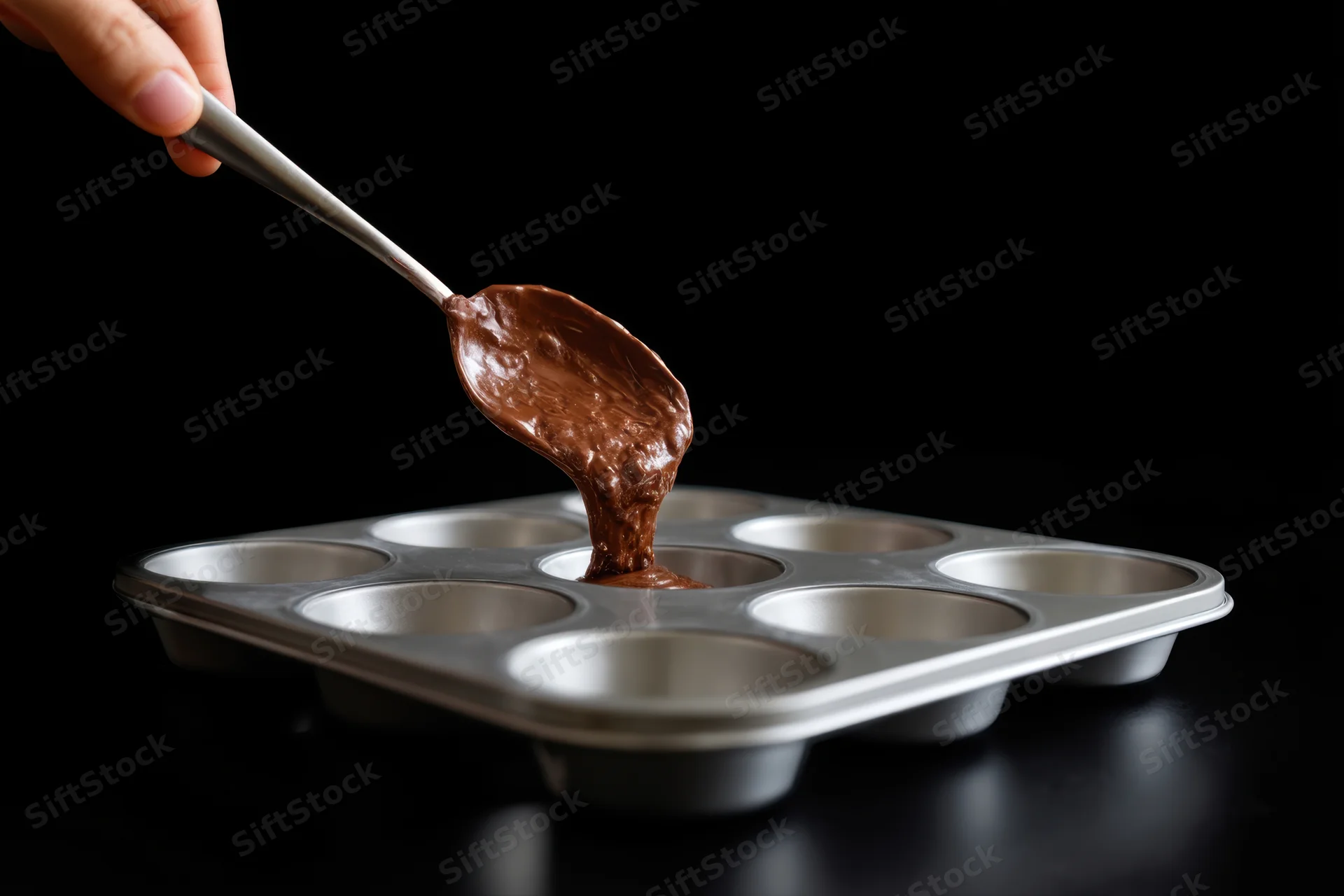 Chocolate batter being poured into a muffin pan with a spoon