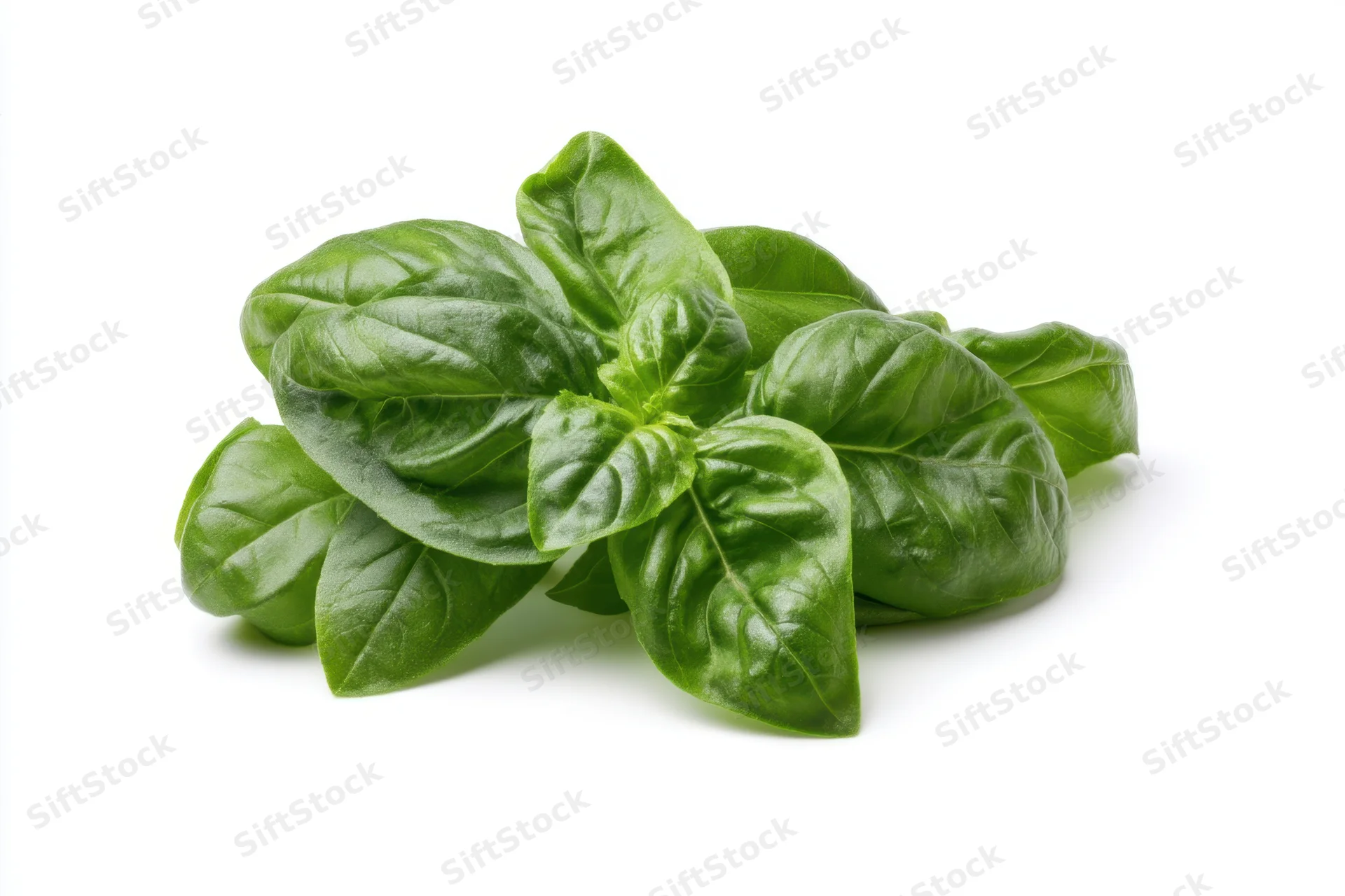 Cluster of fresh basil leaves arranged on white background