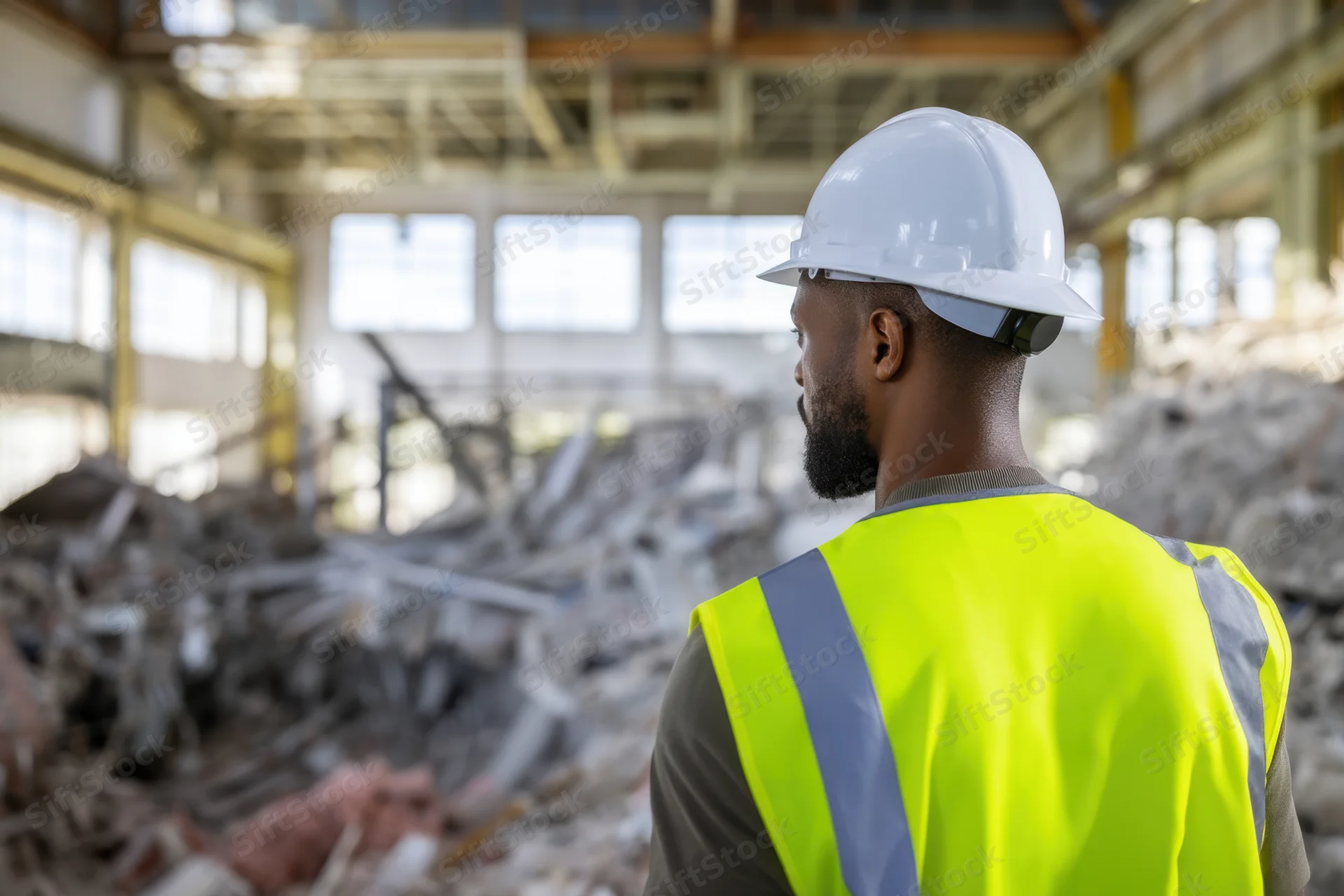 Construction worker in safety gear observing debris at demolition site