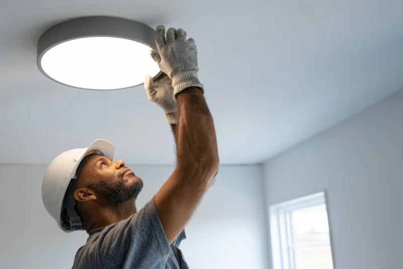 Electrician installing ceiling light fixture indoors while wearing hard hat and gloves