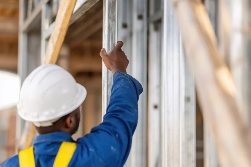 Construction worker in blue uniform and white hard hat holding metal scaffolding frame on building site
