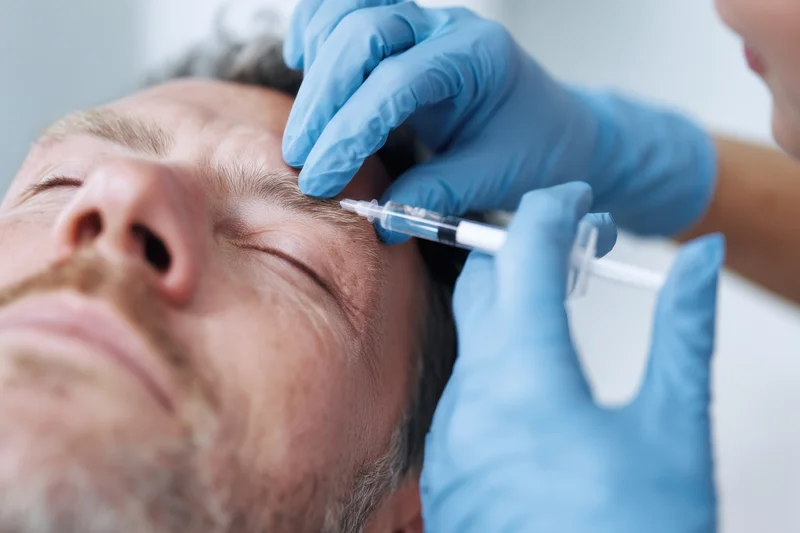 Man receiving facial injection with syringe in clinic setting