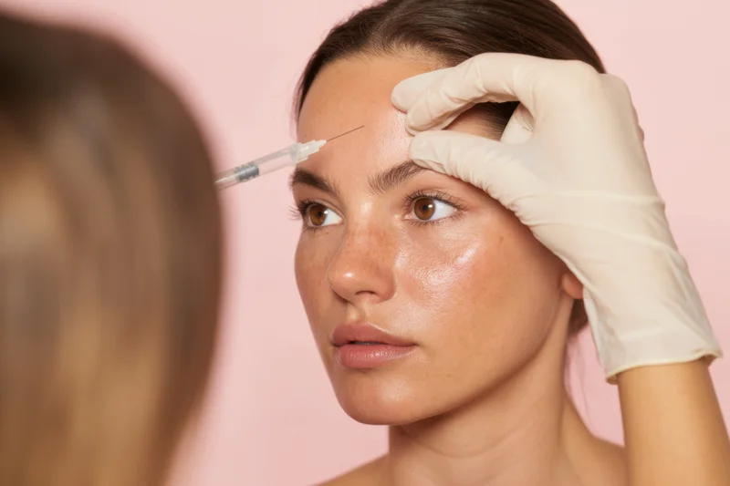 Woman receiving facial injection with syringe in cosmetic procedure setting