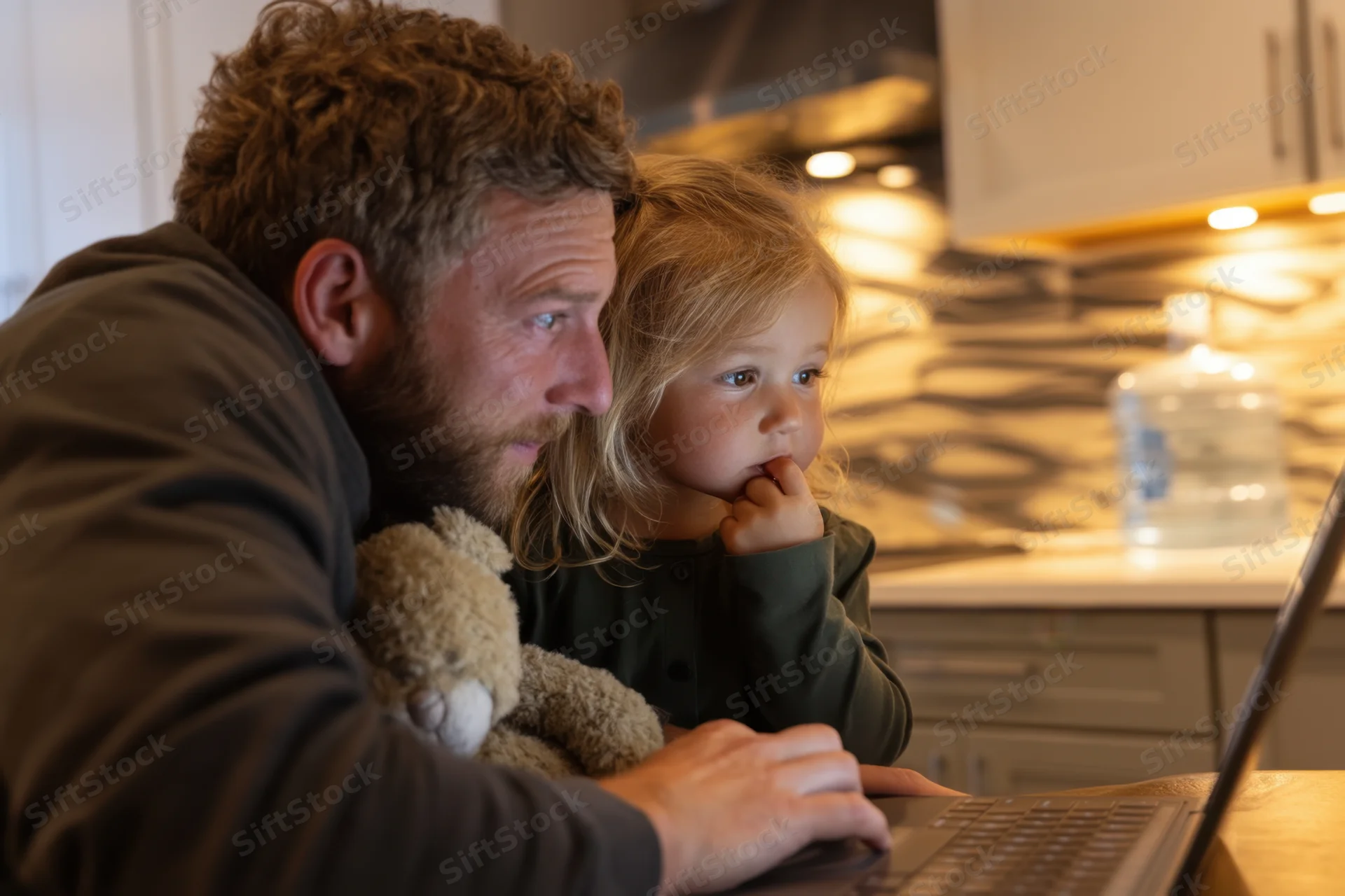 Father and daughter using laptop together in kitchen at home
