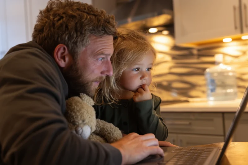 Father and daughter using laptop together in kitchen at home