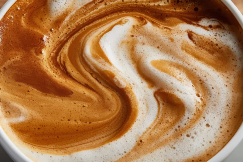 Creamy coffee surface with swirling foam patterns in a white cup