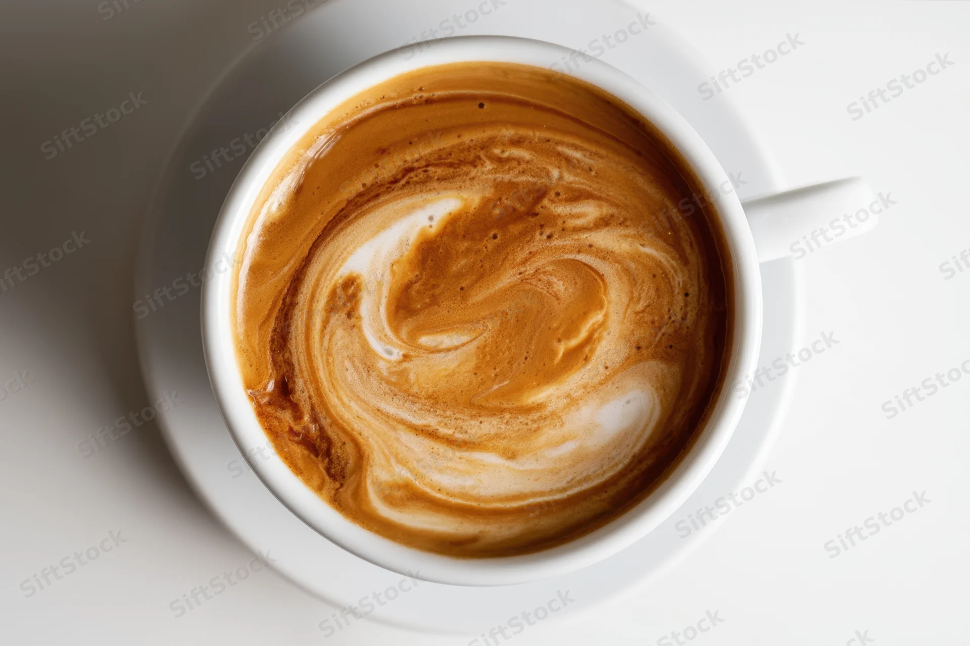 Creamy coffee surface with swirling foam pattern in white cup on saucer
