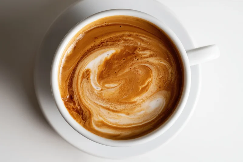 Creamy coffee surface with swirling foam pattern in white cup on saucer