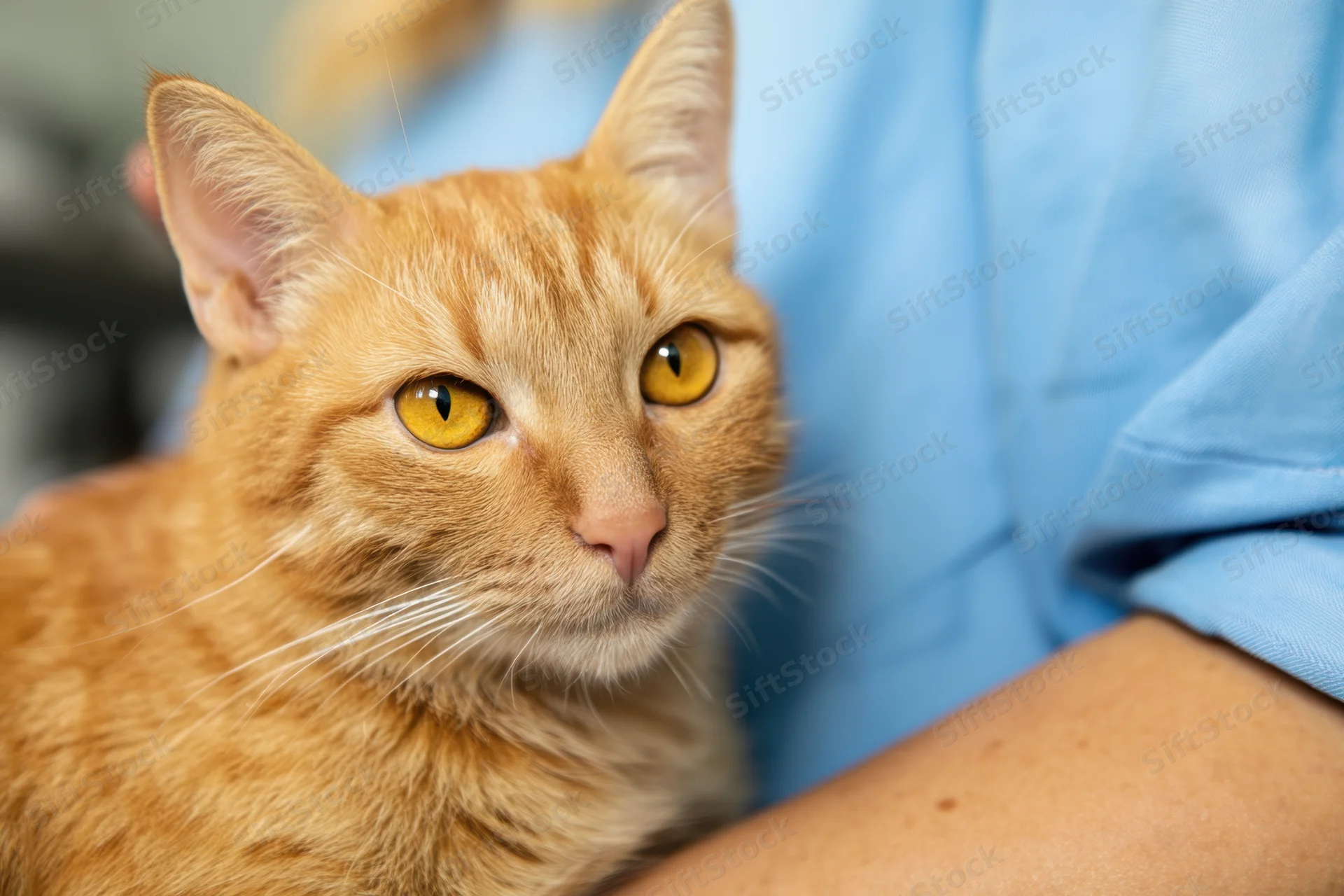 Orange tabby cat being held in a person's arm in a veterinary clinic setting