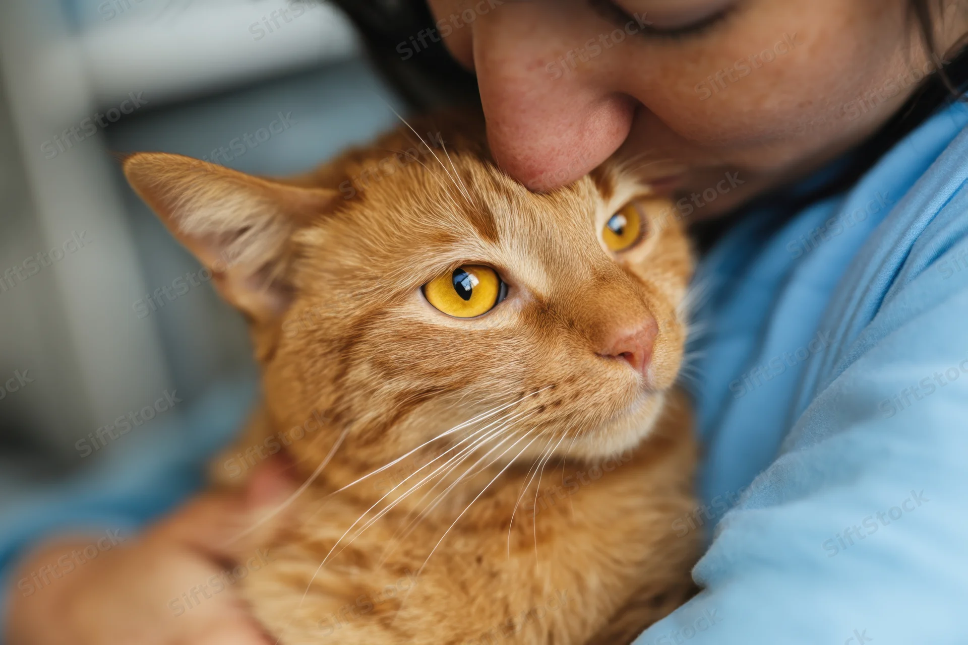 Orange tabby cat being held and kissed by a woman in a blue shirt indoors