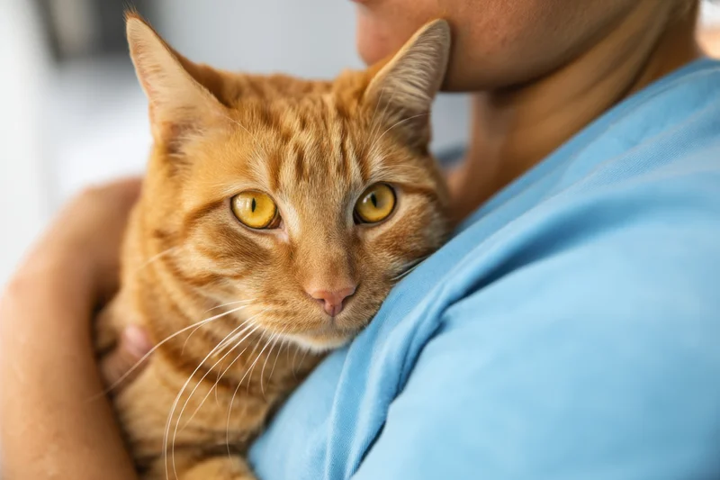 Orange tabby cat being held in a person's arms indoors