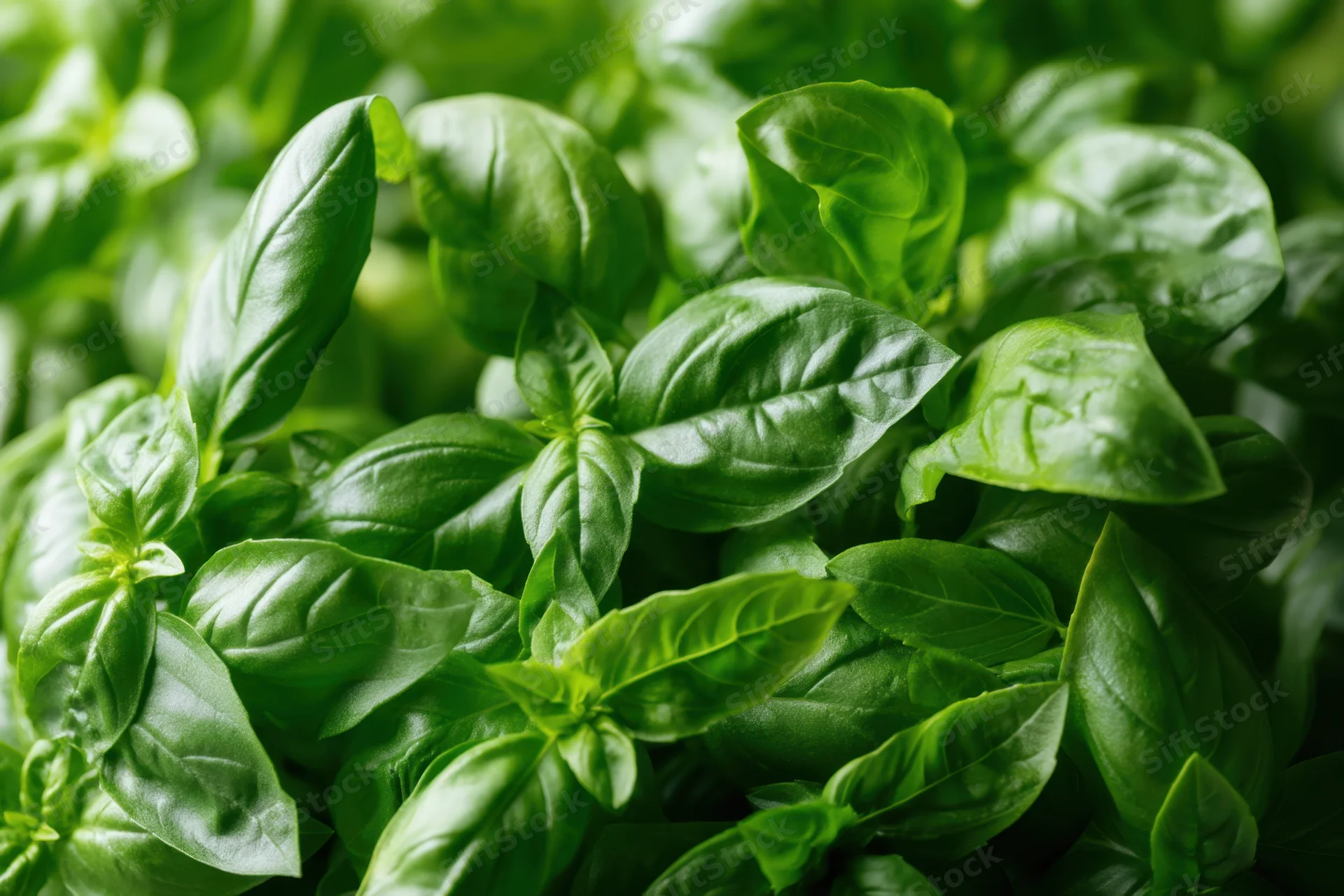 Dense cluster of fresh basil leaves in close-up view