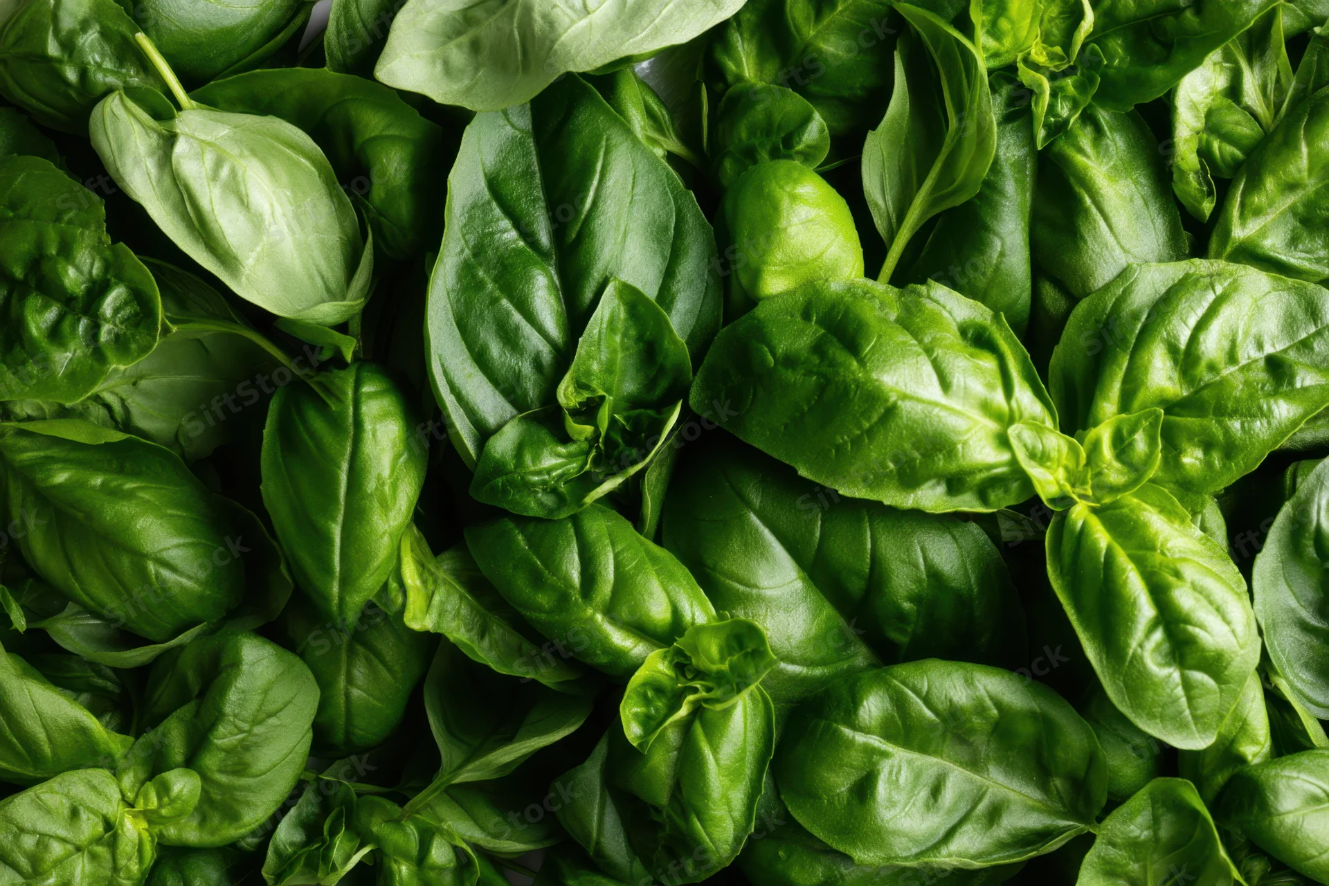 Dense cluster of fresh basil leaves in various shades of green
