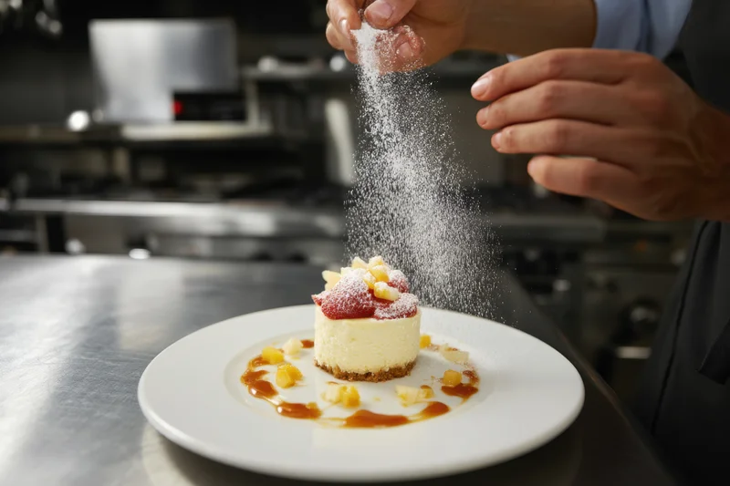 Chef sprinkling powdered sugar on a cheesecake dessert in a professional kitchen