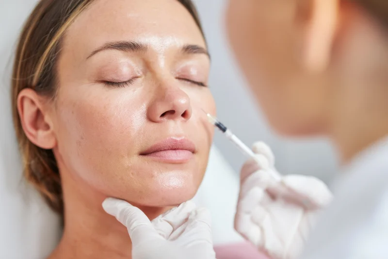 Woman receiving facial cosmetic injection in clinic setting