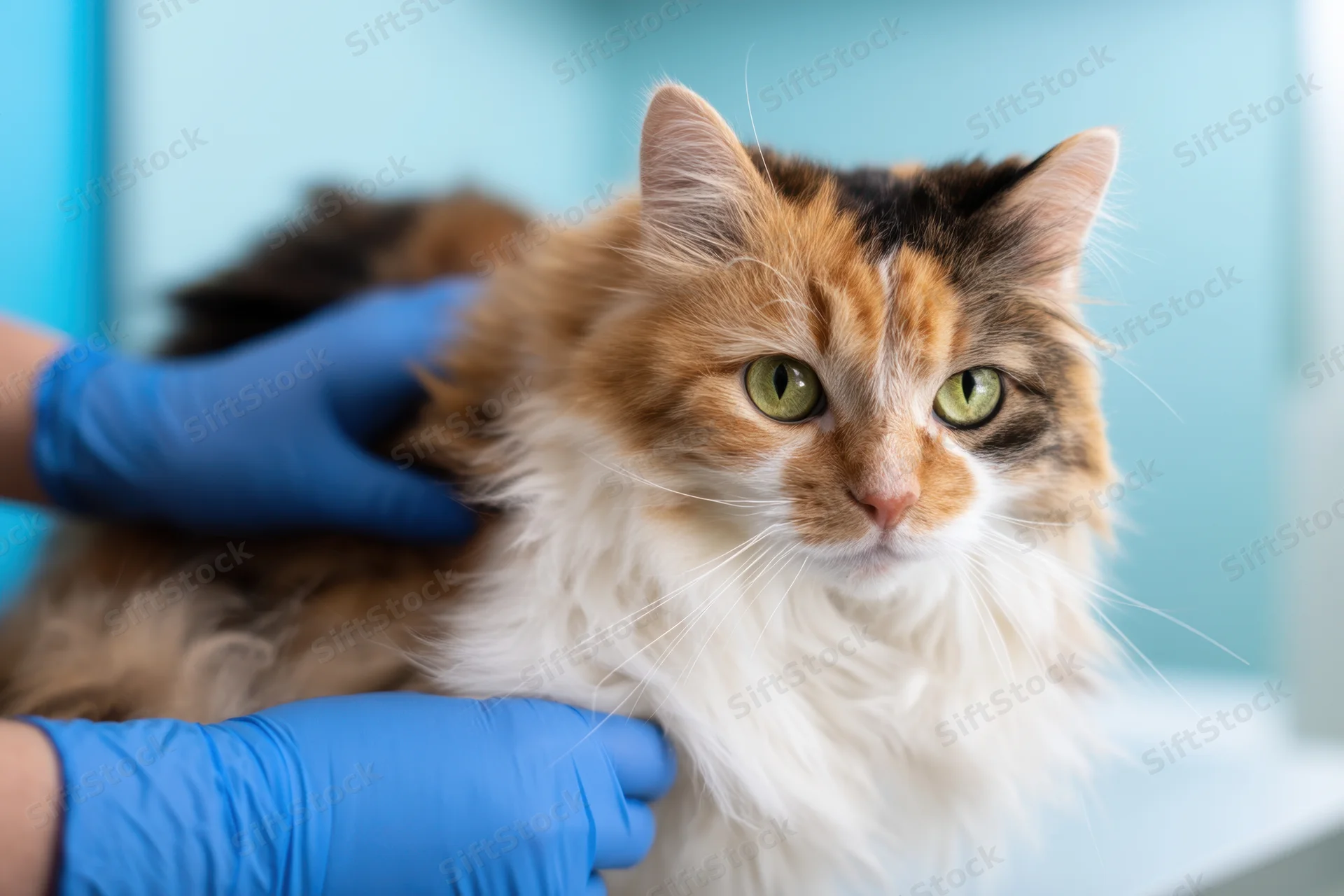 Fluffy calico cat receiving gentle veterinary care in a clinic setting