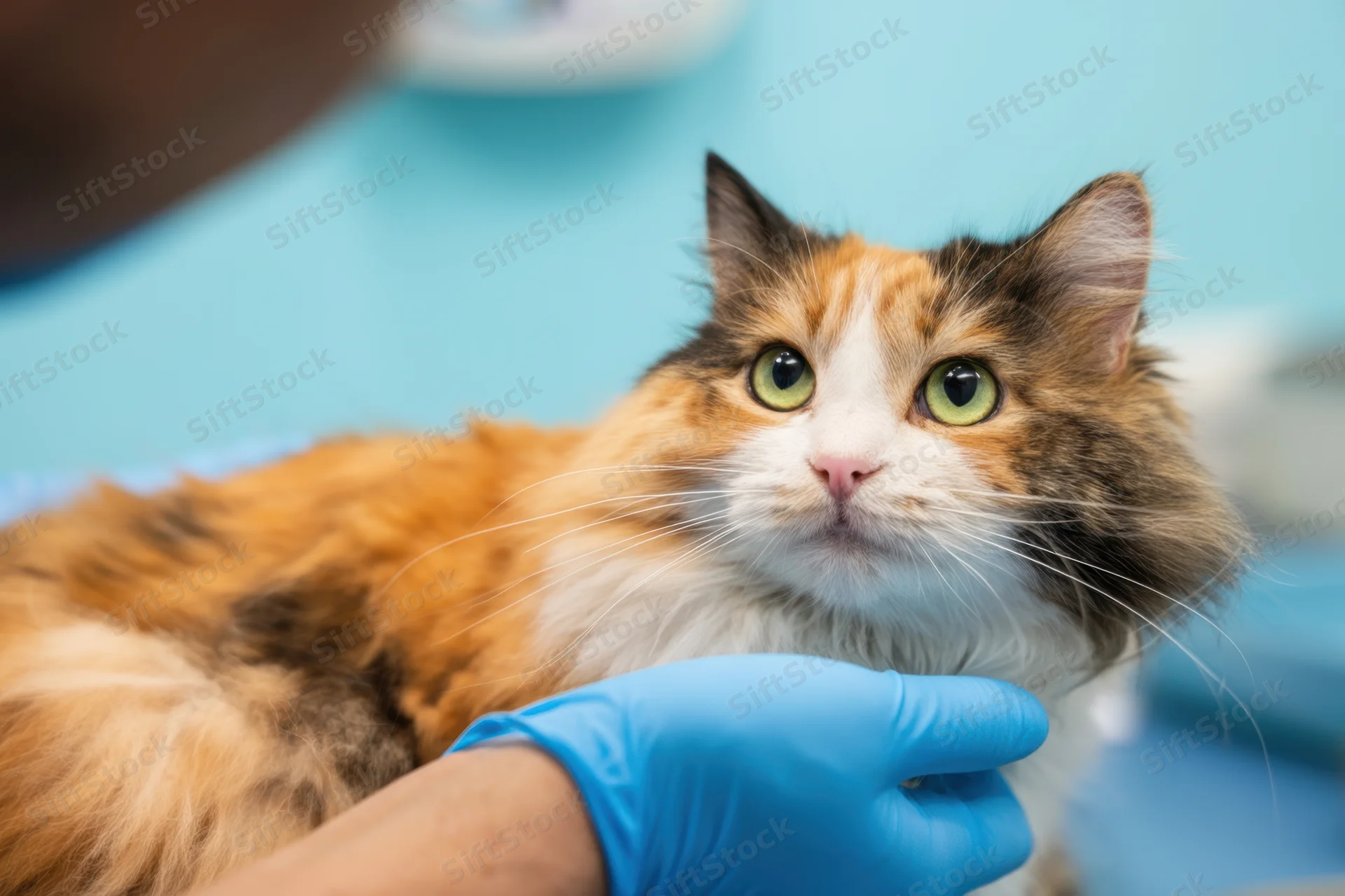 Fluffy calico cat receiving gentle care from veterinarian in clinic