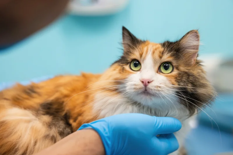 Fluffy calico cat receiving gentle care from veterinarian in clinic