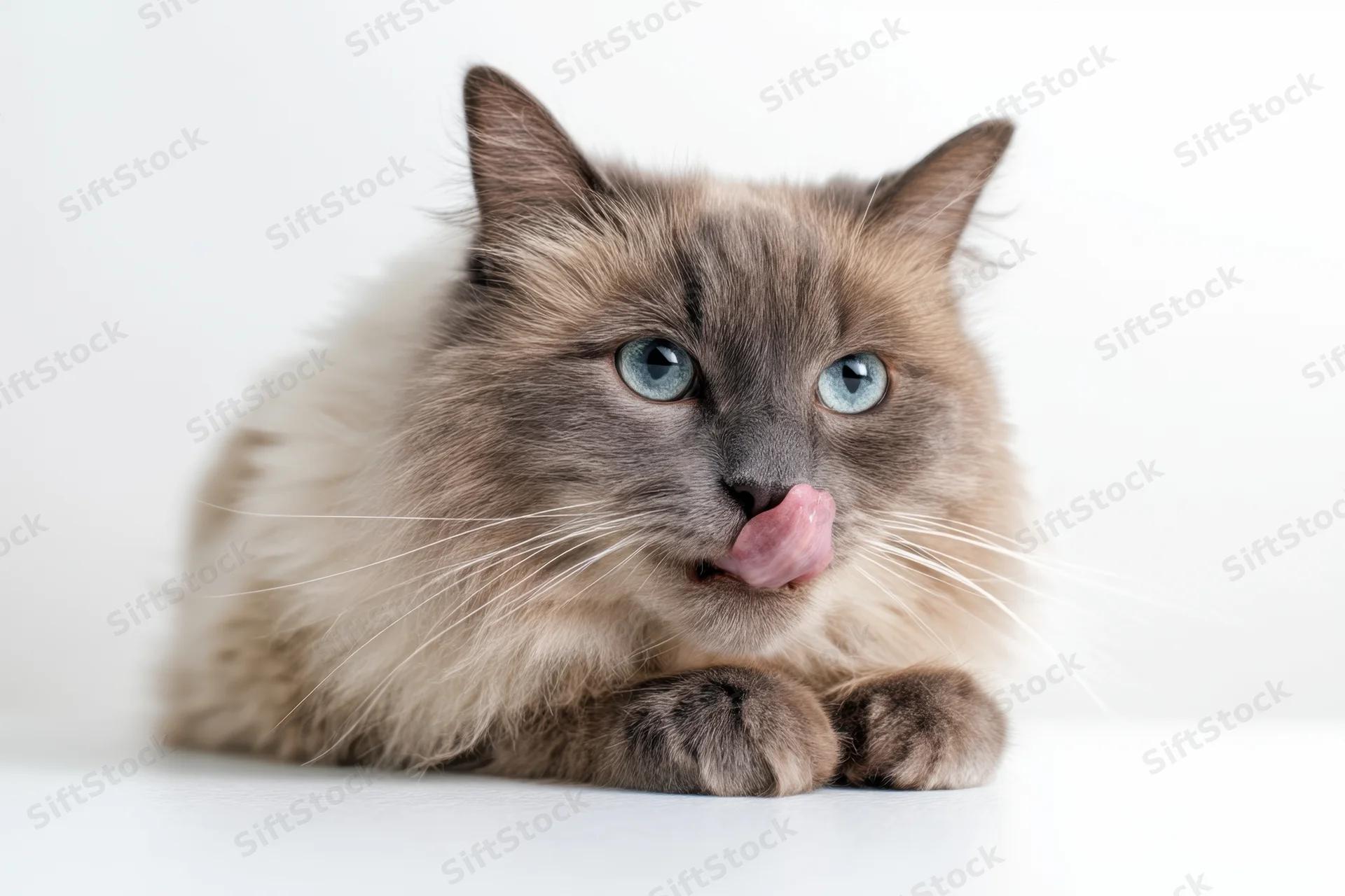 Fluffy gray cat with blue eyes licking its nose while lying on white background