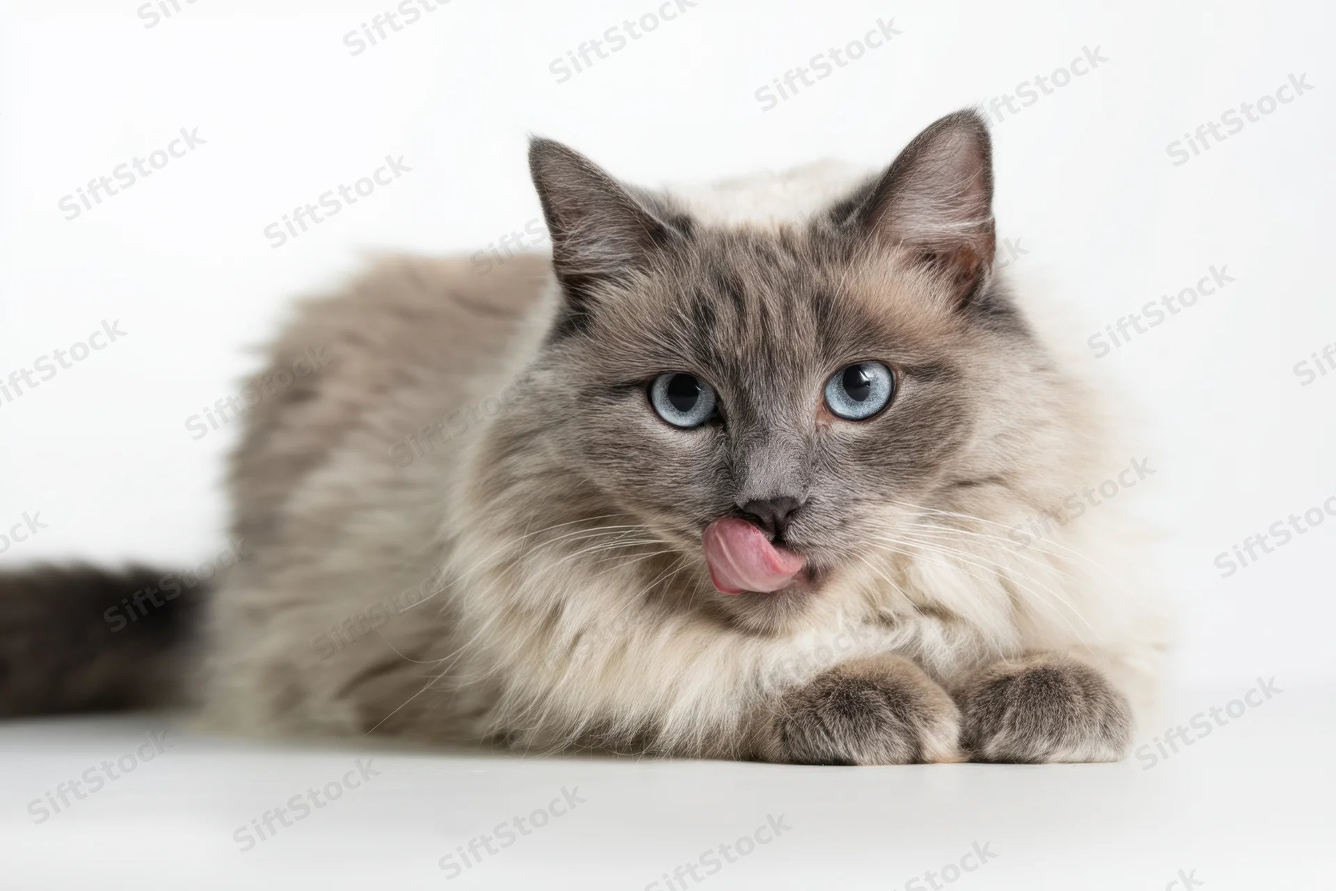 Fluffy gray cat with blue eyes licking its nose while lying on white background