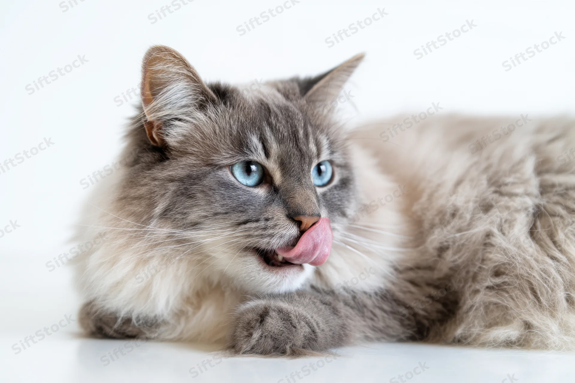 Fluffy gray cat with blue eyes licking its nose while lying on white background