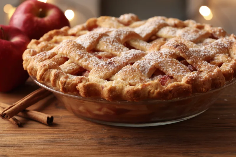 Freshly baked apple pie with lattice crust on wooden table beside apples and cinnamon sticks