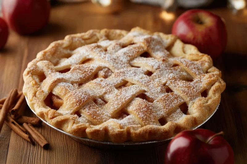 Freshly baked apple pie with lattice crust on wooden table surrounded by apples and cinnamon sticks