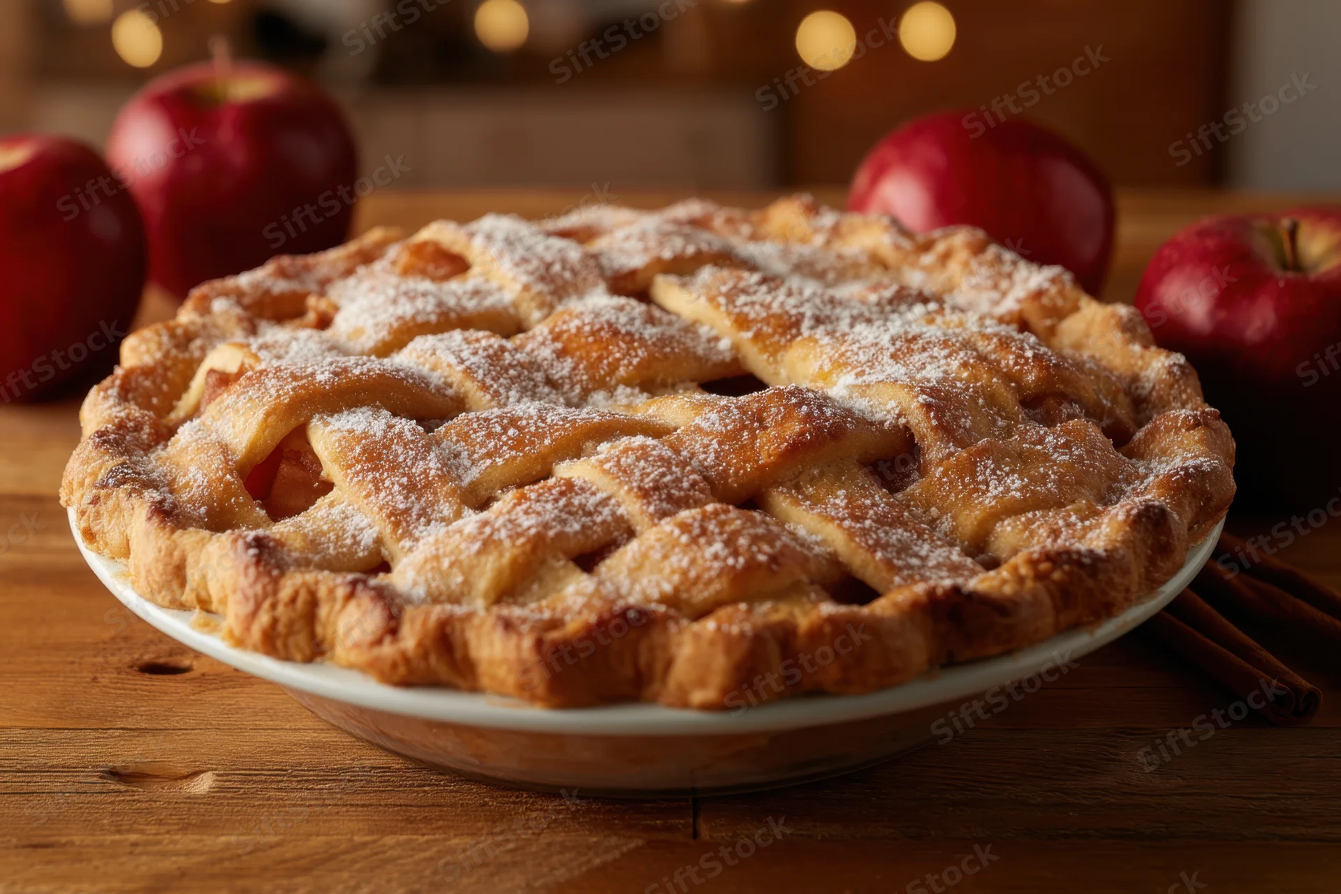 Freshly baked apple pie with lattice crust on wooden table surrounded by apples and cinnamon sticks