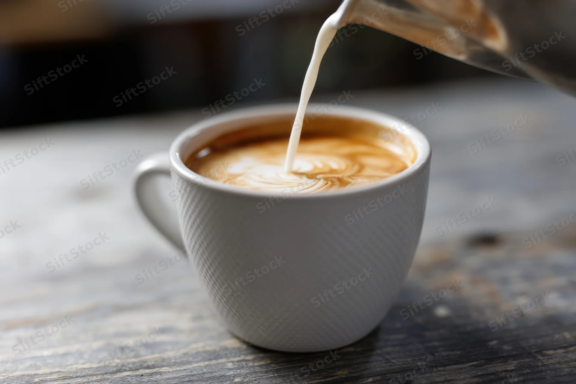 Milk being poured into a latte cup to create latte art on a wooden table