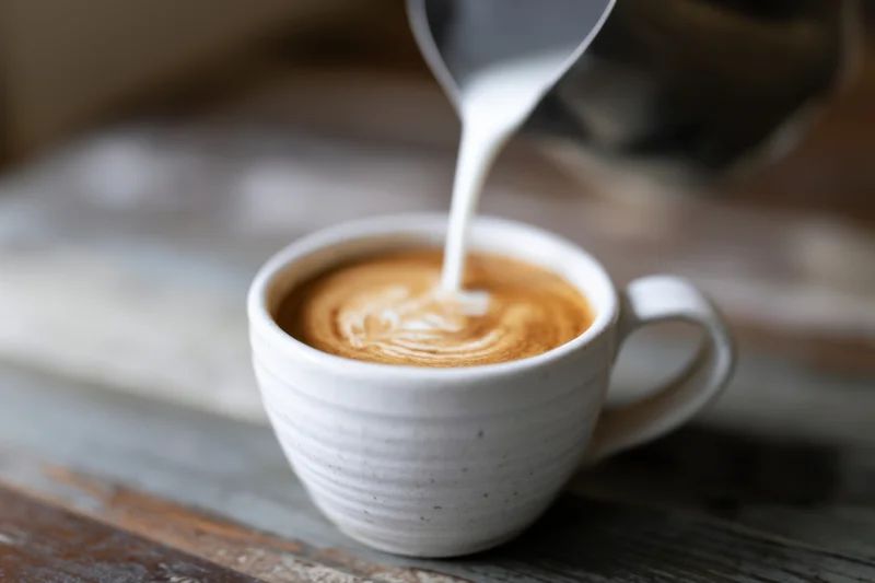 Freshly brewed latte featuring latte art being poured