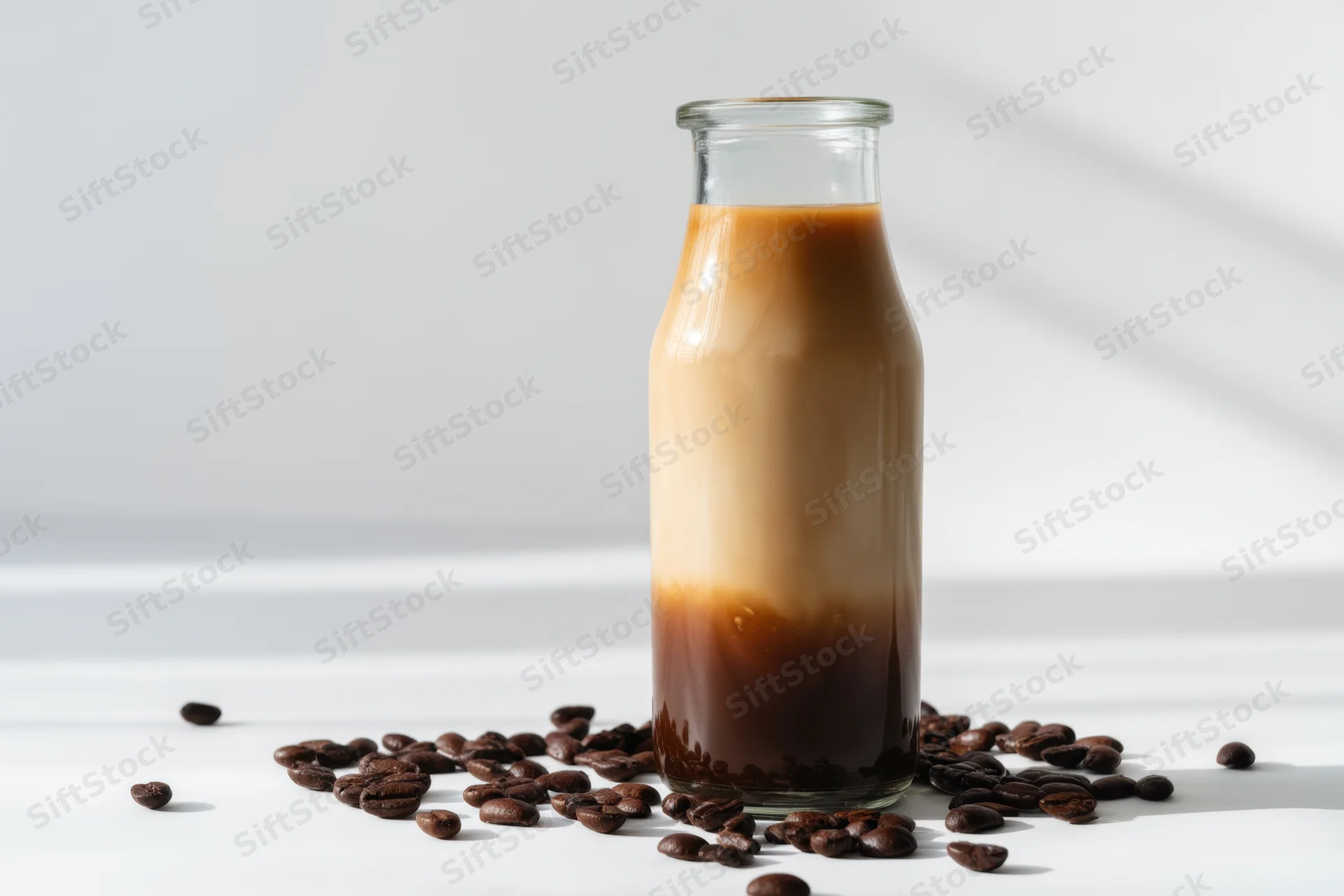 Layered coffee in a glass bottle surrounded by coffee beans on a white surface