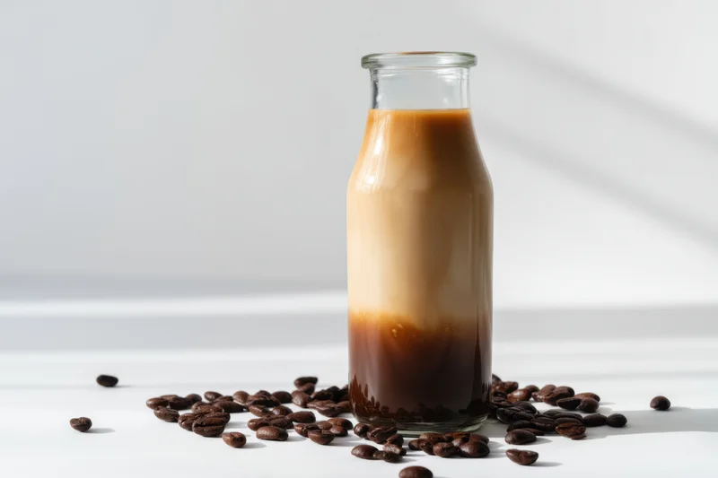 Layered coffee in a glass bottle surrounded by coffee beans on a white surface