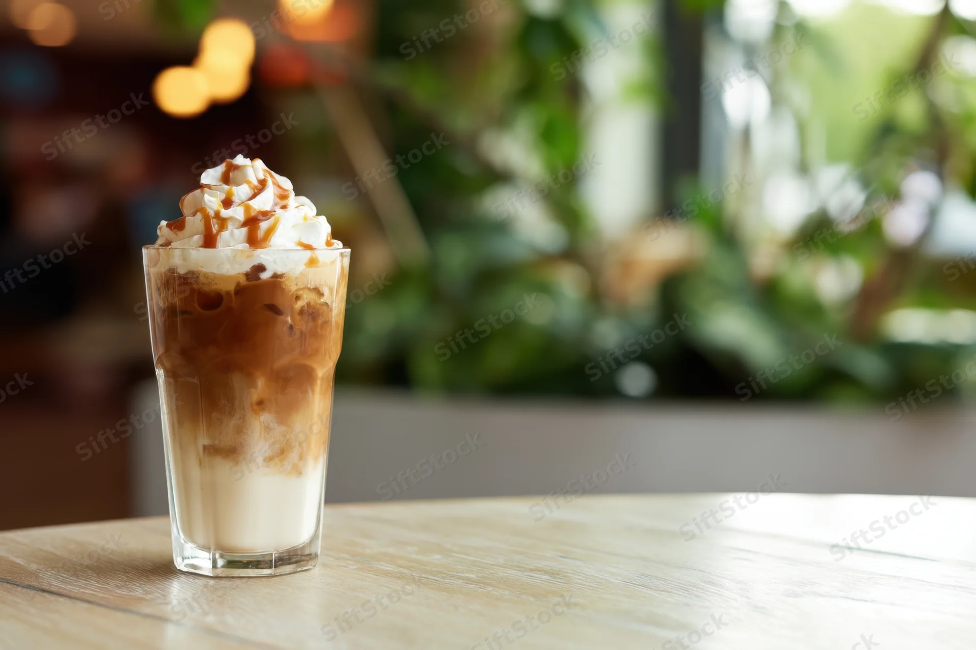 Iced coffee with whipped cream and caramel drizzle on a wooden table in a cafe interior