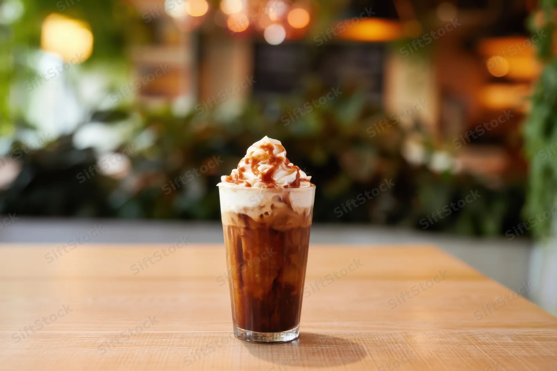Iced coffee with whipped cream and caramel drizzle on a wooden table in a cafe interior