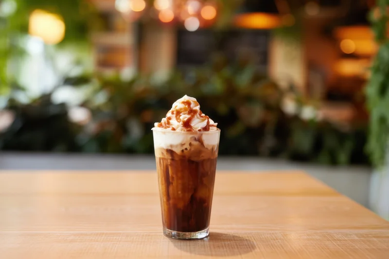 Iced coffee with whipped cream and caramel drizzle on a wooden table in a cafe interior