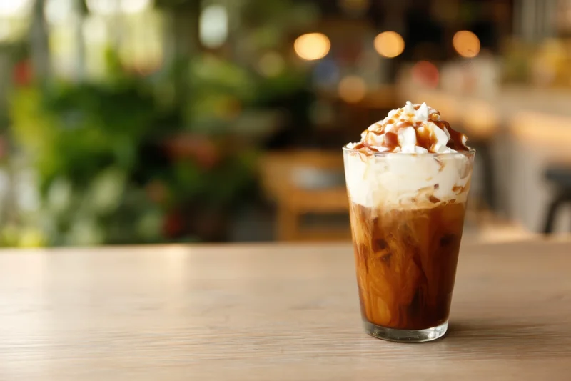 Iced coffee with whipped cream and caramel drizzle on a wooden table in a cafe