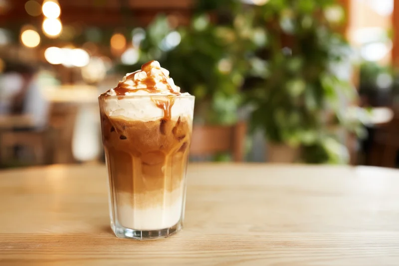 Iced coffee with whipped cream and caramel drizzle on a wooden table in a cafe interior