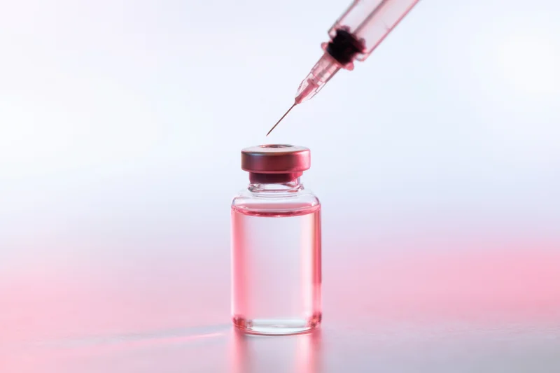 Glass vial with pink-tinted liquid and syringe needle poised above it on a smooth surface