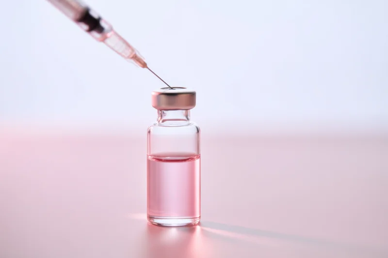Syringe drawing liquid from a glass vial on a smooth surface