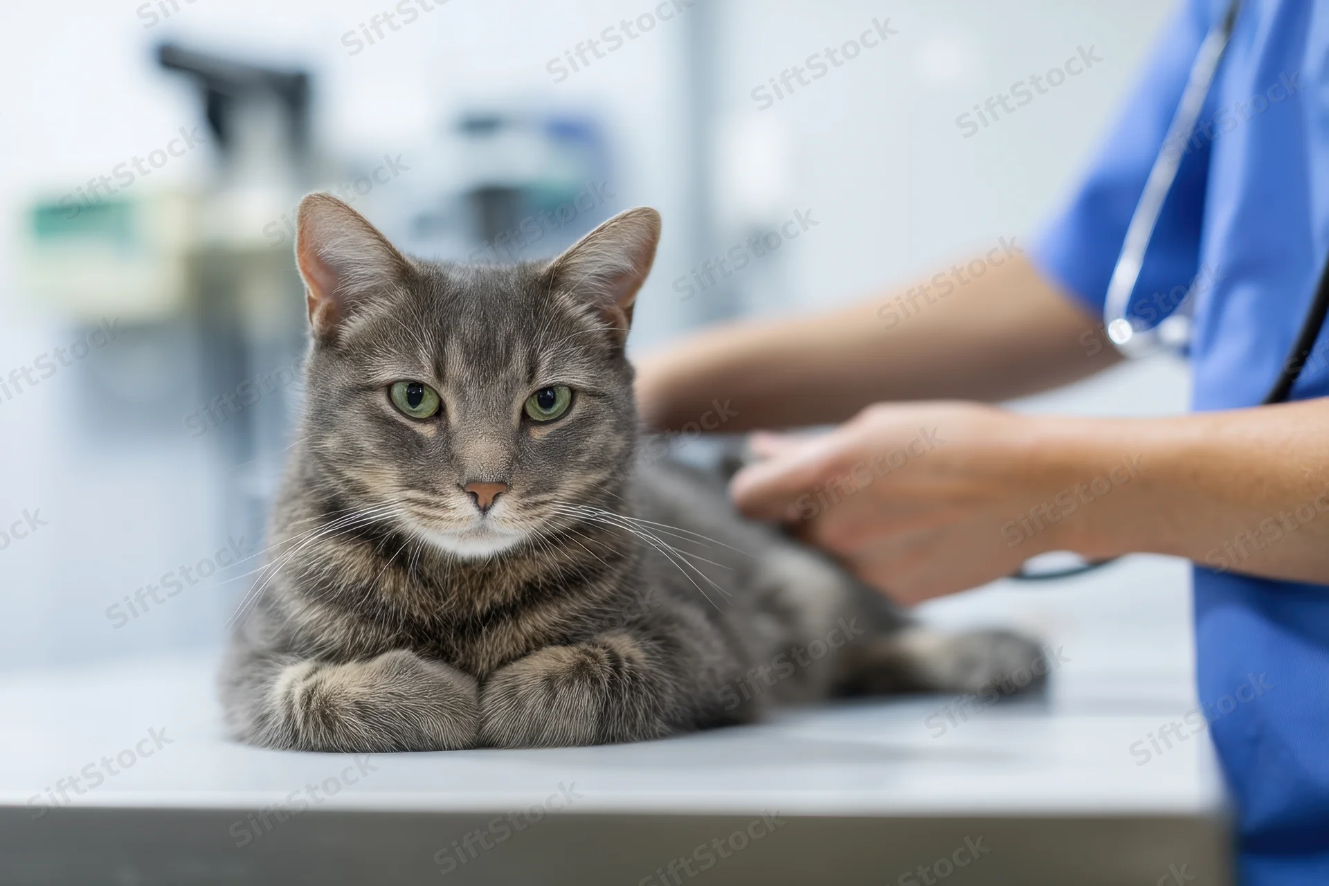 Gray tabby cat resting calmly on examination table during veterinary checkup with veterinarian in blue scrubs using stethoscope