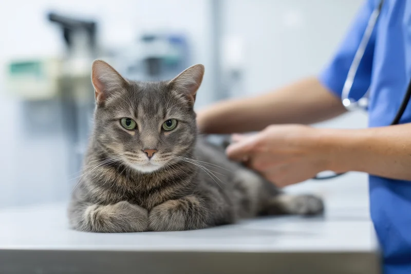 Gray tabby cat resting calmly on examination table during veterinary checkup with veterinarian in blue scrubs using stethoscope