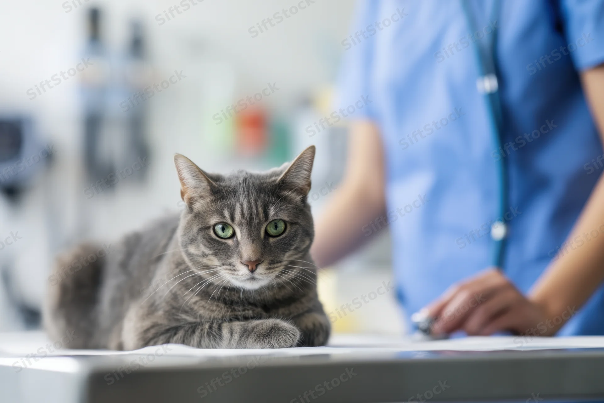 Gray tabby cat resting on examination table in veterinary clinic with veterinarian in blue scrubs nearby
