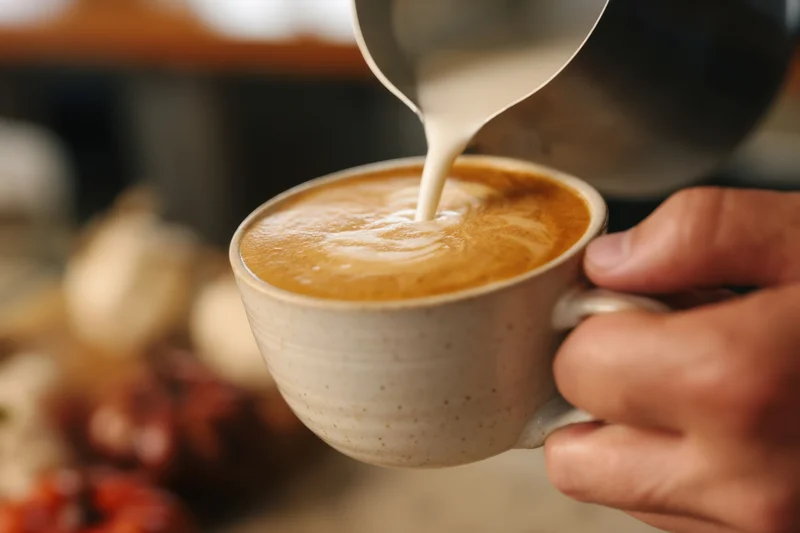 Hand pouring frothy pumpkin spice latte into ceramic cup